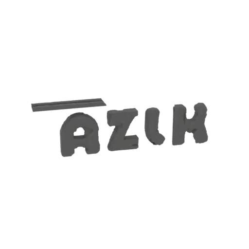 Modèle 3D du texte stylisé 'AZUH' avec une barre d'accent horizontale au-dessus du 'A', rendu dans une finition mate gris fon