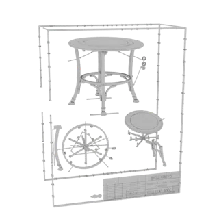 Modelo 3D de uma mesa de bistrô redonda ornamentada com banqueta combinando, apresentado em um estilo limpo e monocromático.