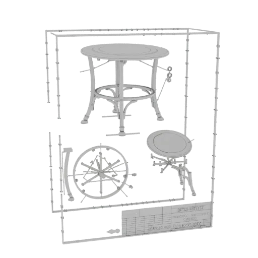 Modelo 3D de una mesa de bistró redonda ornamentada con un taburete a juego, presentado en un estilo limpio y monocromático.