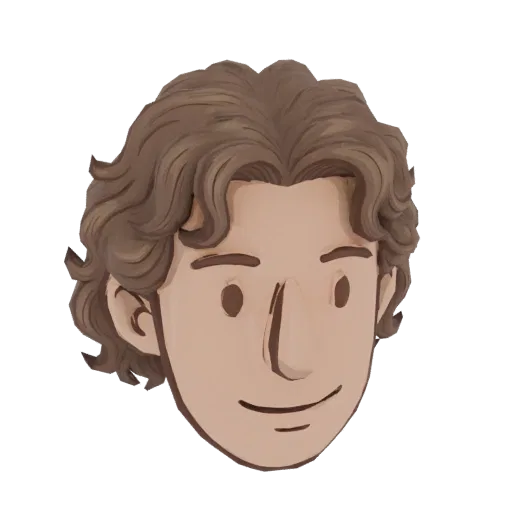 3D model of a cartoon boy's head with wavy brown hair and a friendly smile, rendered in a stylized, clay-like aesthetic.