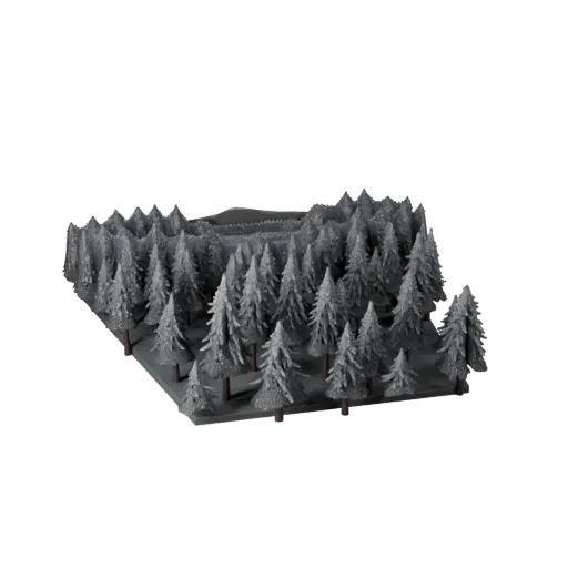 Snow Pine Forest Biome 3D model, close-up cinematic environment render, showing terrain layers, terrain detail.