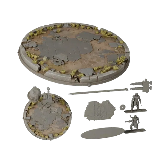 Ruined Round Base modular kit 3D model preview showing rim shape, top-down kitbash view, height and ground texture