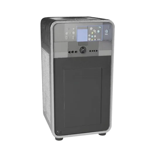 Stainless Air Purifier 3D model, home interior, three-quarter front view, Unity viewport, plastic detail.