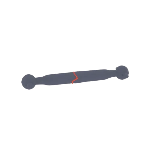 3D model of a grey control arm with a bright orange crack running across its length, set against a black background.