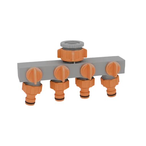 3D model of a grey and orange four-way garden hose splitter with four individual control valves.