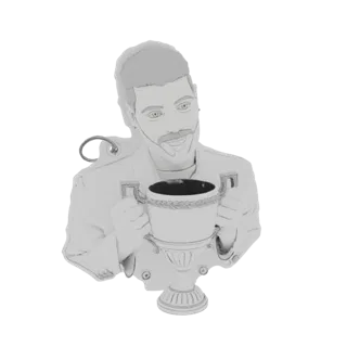 3D model render of a stylized man holding a trophy, with a loop for hanging.