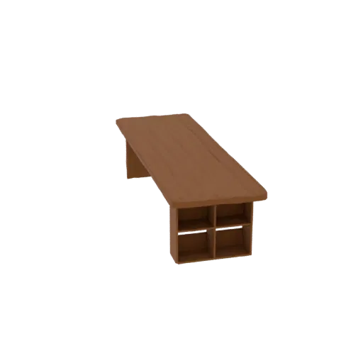 3D model of a modern wooden coffee table with a rectangular top and four open storage cubbies underneath, rendered in a warm