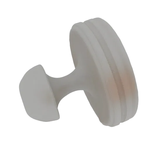 3D render of a vintage-style stamp with a curved handle and a textured circular stamping surface.