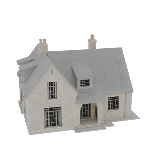 3D model of a modern two-story brick house with a gray metal roof, a dormer window, and two brick chimneys, set against a whi