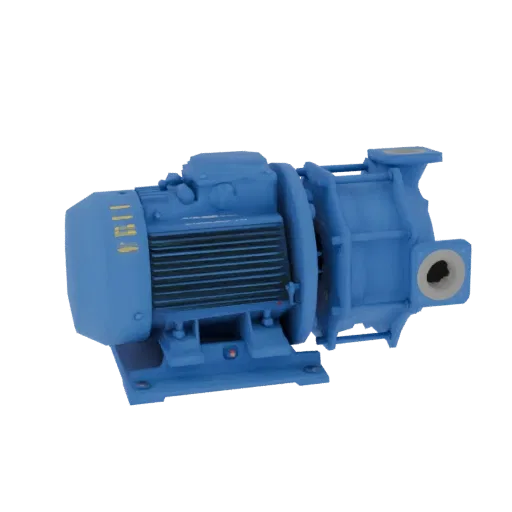3D model of a blue industrial pump with a motor housing, cooling fins, and mounting base, set against a white background.