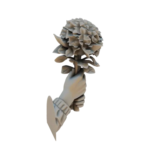 3D model of a light-skinned hand holding a detailed, light-colored flower with many petals.