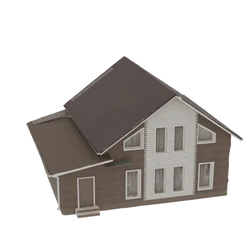 3D model of a modern two-story house with a brown gable roof, white and brown siding, and multiple windows, set against a whi