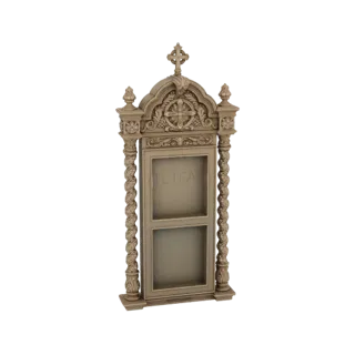 3D-Modell einer verzierten gotischen Nische mit einem Kreuz oben, kunstvollen Schnitzereien und verdrehten Säulen vor weißem