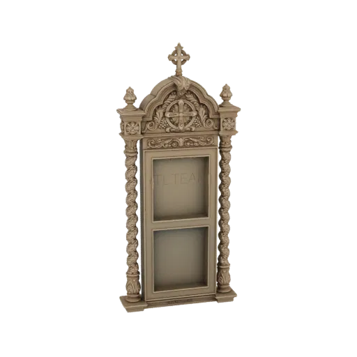 3D model of an ornate Gothic niche with a cross at the top, intricate carvings, and twisted columns, set against a white back