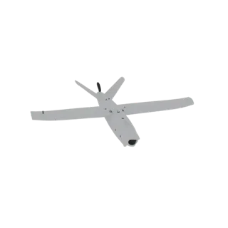 A 3D render of the Leleka reconnaissance drone, a light grey, fixed-wing unmanned aerial vehicle with a V-tail and pusher pro