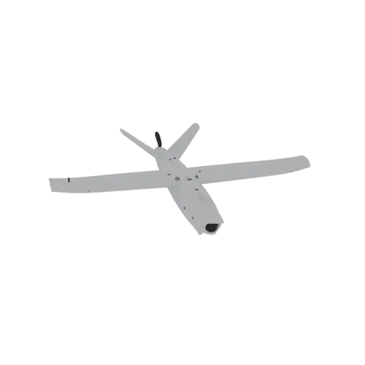 A 3D render of the Leleka reconnaissance drone, a light grey, fixed-wing unmanned aerial vehicle with a V-tail and pusher pro