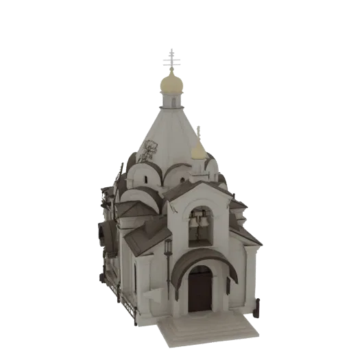 3D model of a white Orthodox chapel with multiple golden domes and a bell tower, set against a black background.