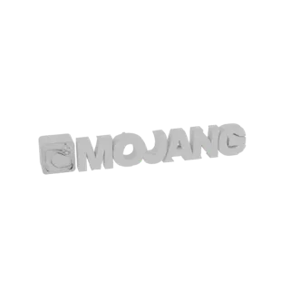 A 3D rendered model of the Mojang logo, featuring the letters 'MOJANG' and the iconic 'C' symbol in white against a plain bac