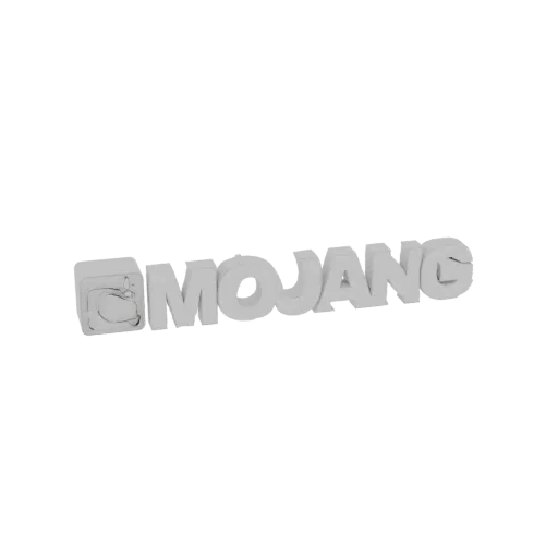 Ein 3D-gerendertes Modell des Mojang-Logos mit den Buchstaben 'MOJANG' und dem ikonischen 'C'-Symbol in Weiß vor einem schlic