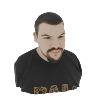 3D model render of a man's bust with a beard, wearing a black t-shirt with a decorative pattern.
