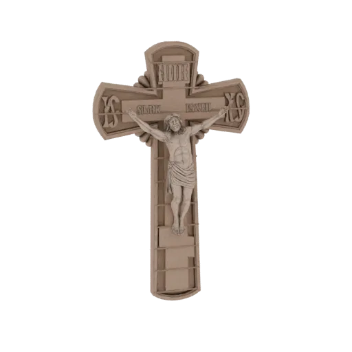 3D model of a detailed crucifix featuring Jesus Christ on the cross, with inscriptions.