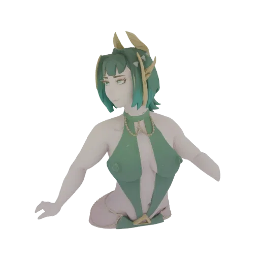 Render 3D di un busto di elfa fantasy con abbigliamento verde, corna dorate e dettagli intricati, su sfondo bianco.