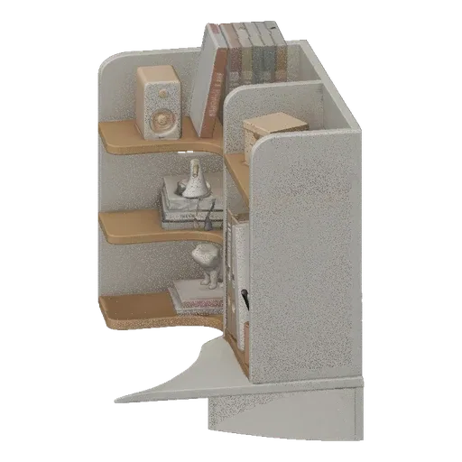 3D model of a modern white and wood corner bookshelf with decorative boxes on the top shelf and open storage below.