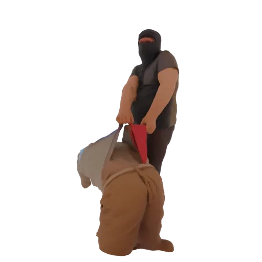 3D model of a masked figure in a black balaclava and grey shirt, pulling open a large light-colored bag with a red interior.