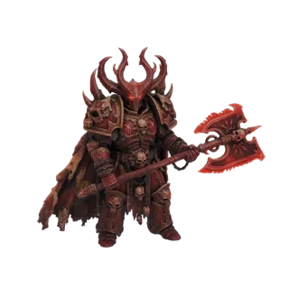 3D model of a Crimson Chaos Warrior in full armor, holding a large double-bladed axe, with glowing red eyes and accents.