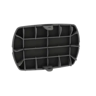 Render 3D di una struttura a griglia in plastica grigia con supporti interni e due linguette di montaggio esterne, vista da u