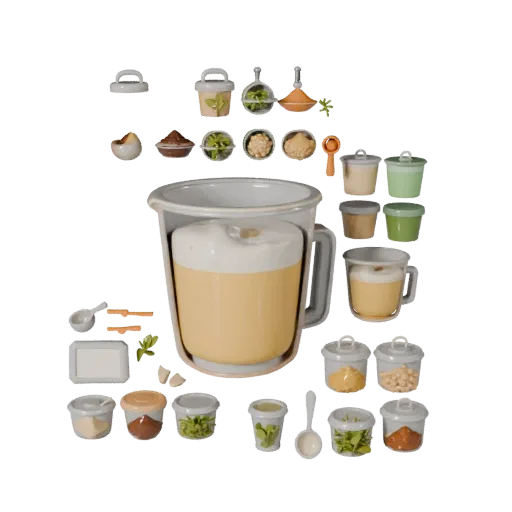 Pantry Herb Bundle 3D model, three-quarter front view, AR viewer studio render, showing powders, form detail.
