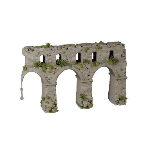 Overgrown Aqueduct Ruin Low Poly 3D model, game viewport three-quarter view, showing aged stone, built remnants.