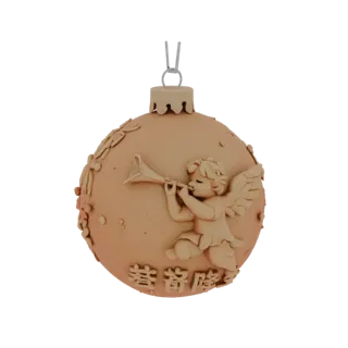 3D model of a Christmas ball with a relief image of an angel playing a trumpet, in bronze color