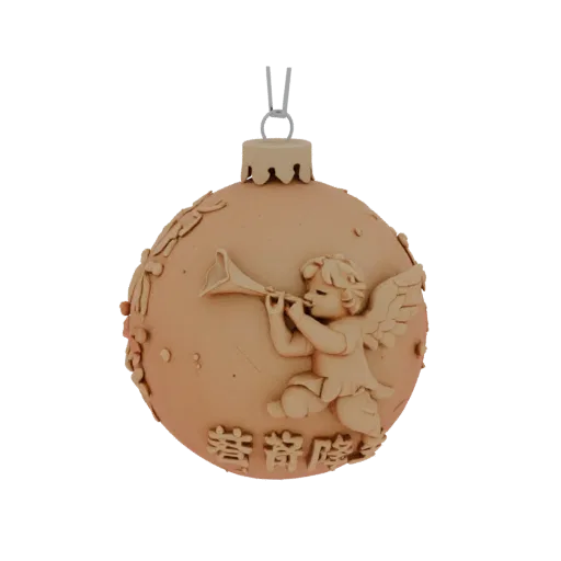 3D model of a Christmas ball with a relief image of an angel playing a trumpet, in bronze color