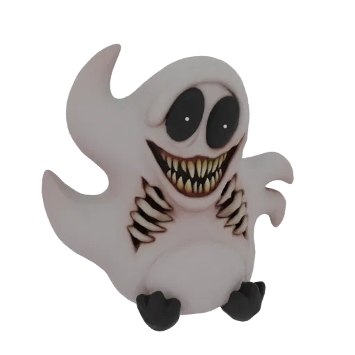 A 3D render of a pale, spooky ghost figurine with large black eyes and a wide, toothy grin, sitting with its feet forward.