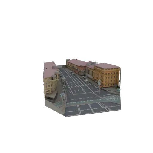 3D model of a European city block with ornate yellow and brown buildings, a grey cobblestone street, and sidewalks, viewed fr