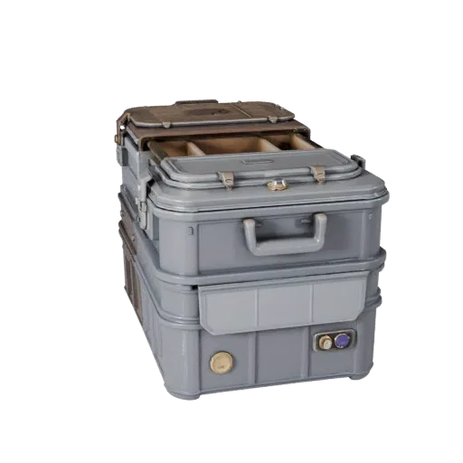 Modèle 3D haute poly de bac de rangement utilitaire, rendu studio rapproché, montrant plastique, ouvertures utilisables.