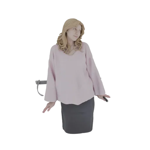 3D model of a woman with blonde hair wearing a pink sweater and grey skirt, looking to the side.