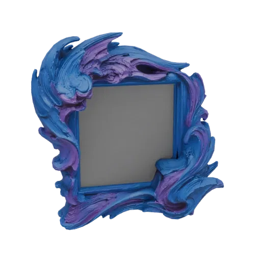 3D model of an abstract photo frame with swirling blue and purple textures, featuring a central rectangular opening.