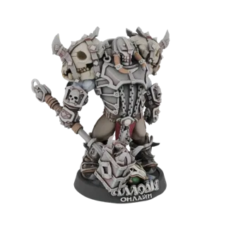 3D model of a fierce Orc Warlord in heavy armor, holding a large warhammer, standing on a base with text.