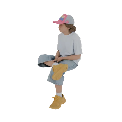 3D-Modell eines jungen Mädchens, sitzend, mit blauem T-Shirt, Jeansshorts, pink-grauer Kappe und gelben Turnschuhen, zur Seit