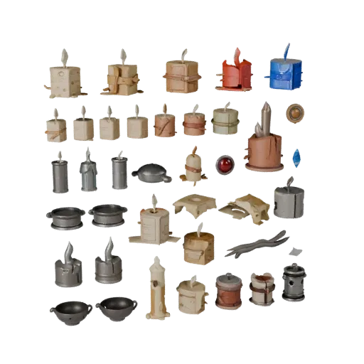 Workshop Candle Cluster Stylized 3D model, stylized isometric render, showing paper-like cards, small readable forms.