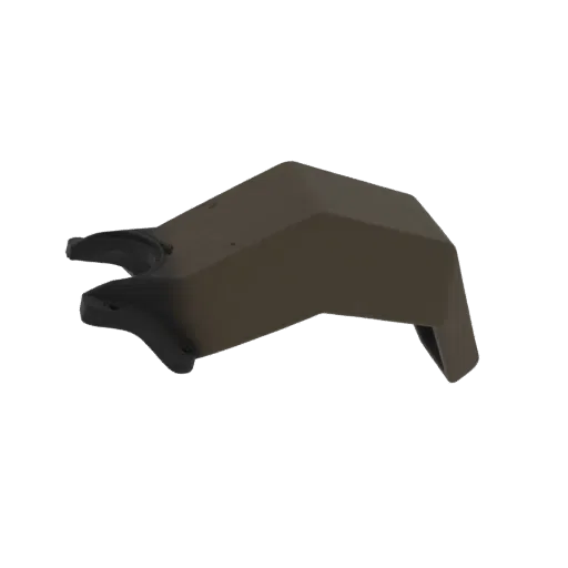 3D model of a futuristic vehicle component with angular brown and black parts, viewed from a low angle.