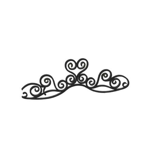 3D-Modell einer opulenten schwarzen Tiara mit kunstvollen Schnörkeln und einer zentralen Herzform, vor weißem Hintergrund.