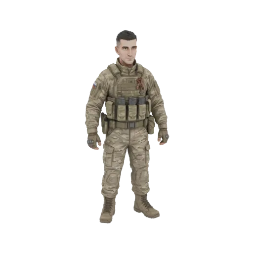 3D model of a Russian soldier wearing camouflage uniform and tactical vest, standing ready.