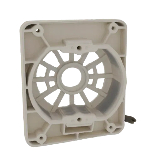 Render de modelo 3D de una carcasa de ventilador cuadrada con un marco exterior blanco y reforzado y una compleja estructura