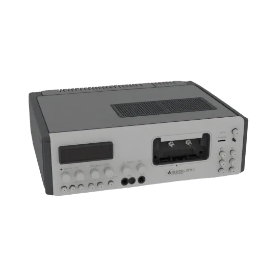 3D model of a retro cassette player with a silver faceplate, black casing, digital display, and cassette deck, viewed from a