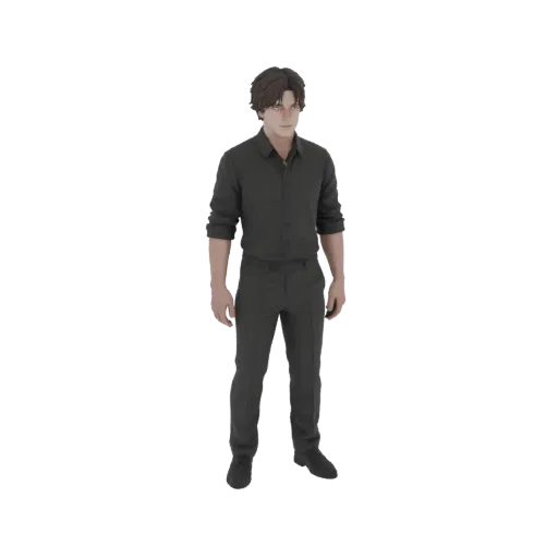 3D-Modell eines Mannes in schwarzem Hemd und schwarzer Hose mit dunklen Haaren, stehend vor schwarzem Hintergrund.