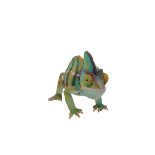 3D chameleon model with vibrant colors, standing on four paws, with expressive eyes.