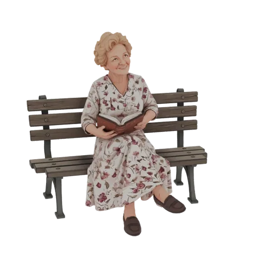 3D model of an elderly woman with blonde hair, wearing a floral dress, sitting on a park bench and reading a book.